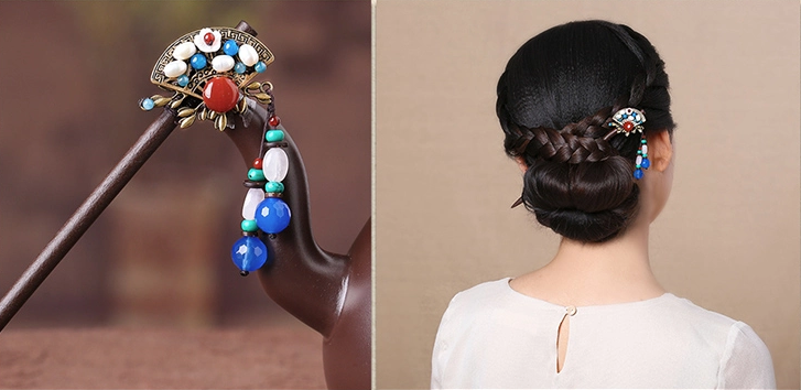 復(fù)古發(fā)簪扇形步搖木簪古典盤(pán)發(fā)簪子頭飾