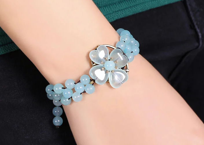 復古藍色彩玉手串四葉草手鏈