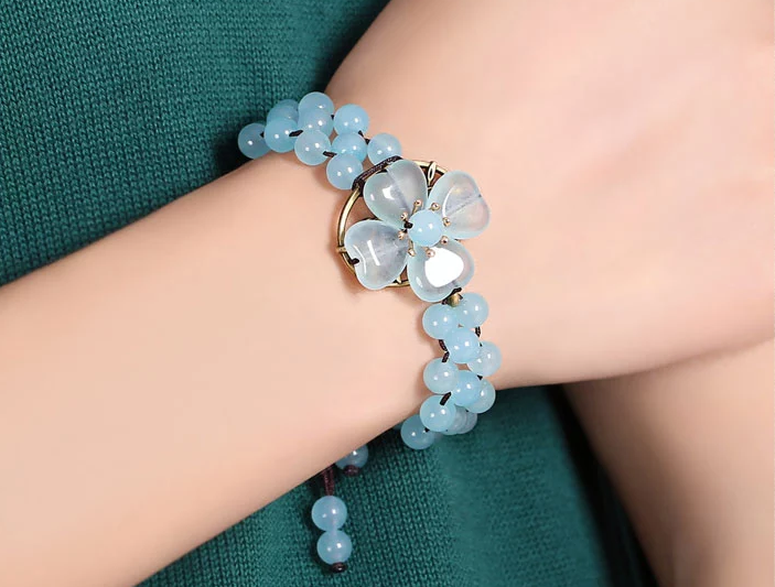 復古藍色彩玉手串四葉草手鏈