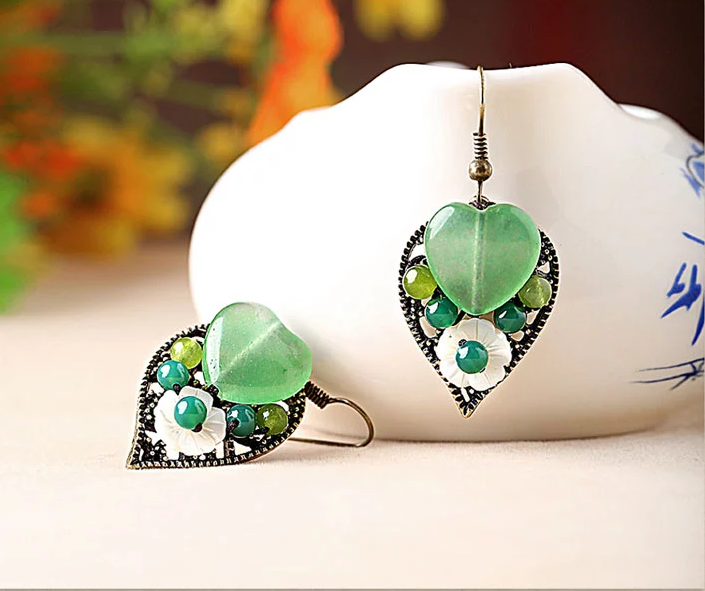 家佳樂文學(xué)復(fù)古氣質(zhì)首飾樹葉吊墜綠色彩玉耳環(huán)