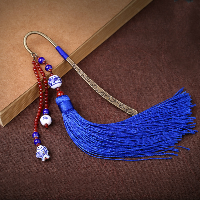 藍色家佳樂文學復古青花瓷古風流蘇書簽