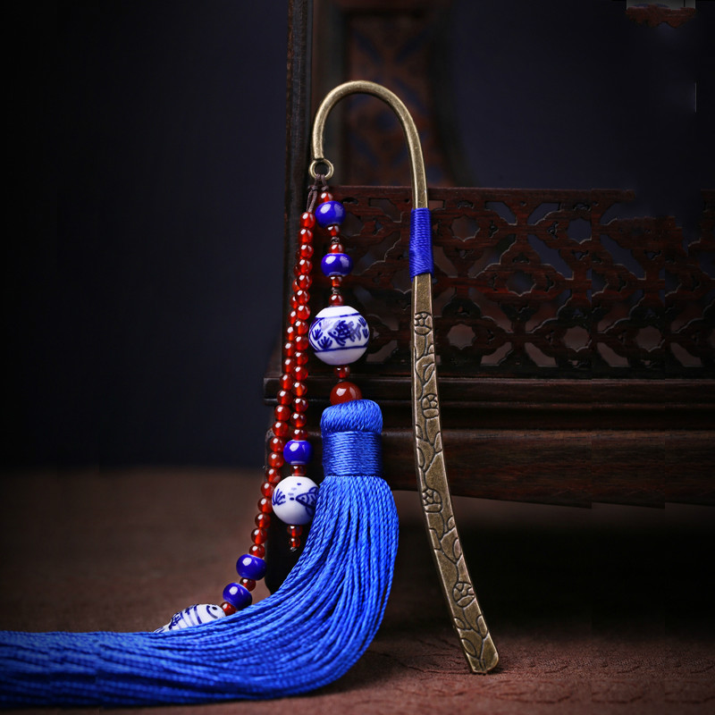 藍色家佳樂文學復古青花瓷古風流蘇書簽