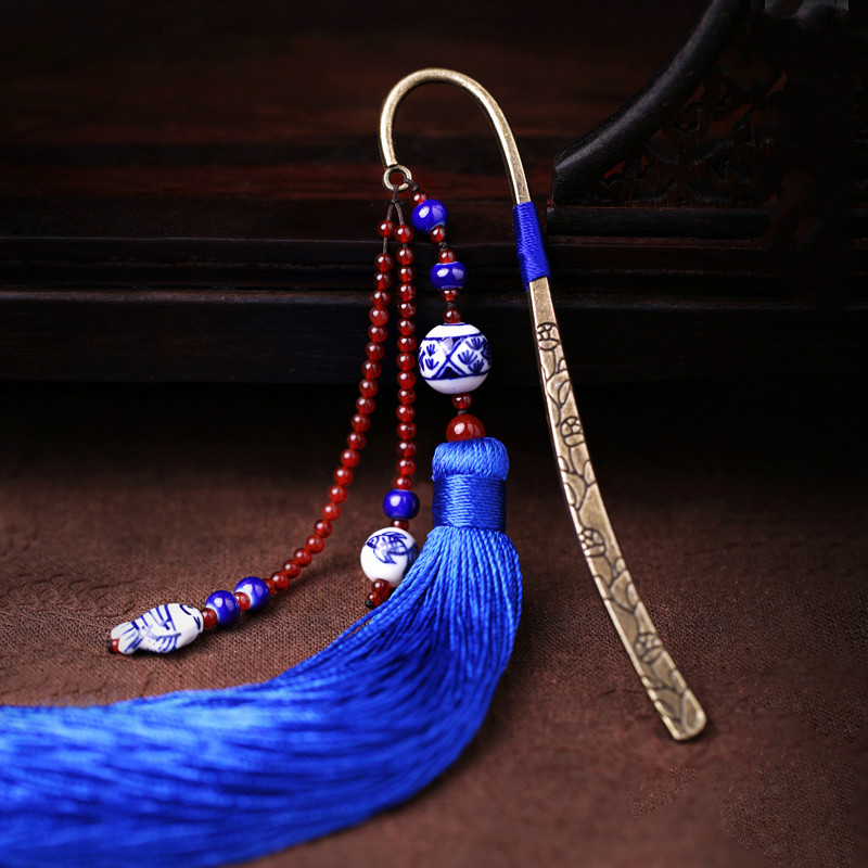 藍色家佳樂文學復古青花瓷古風流蘇書簽