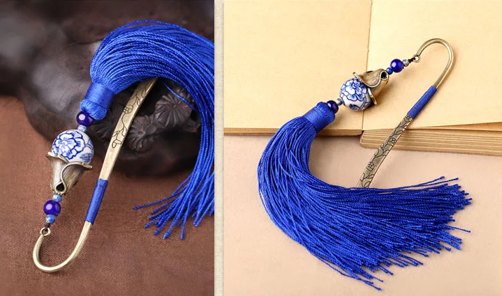 家佳樂文學(xué)手繪青花瓷古風(fēng)藍(lán)色流蘇書簽