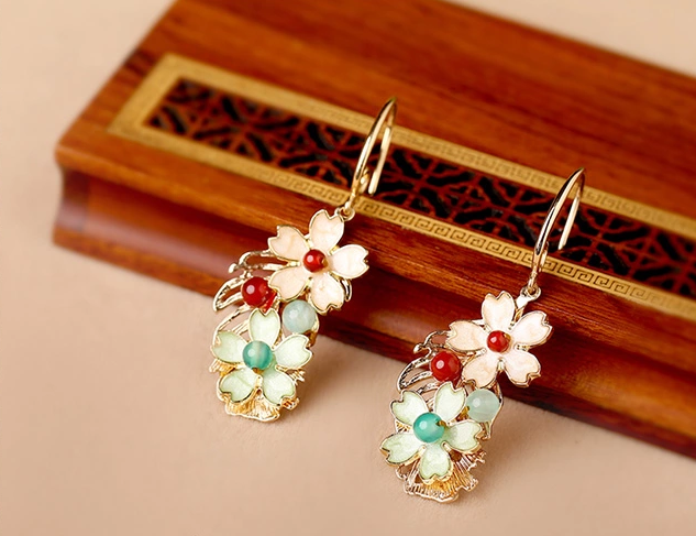手工淑女氣質(zhì)復(fù)古景泰藍花朵吊墜耳環(huán)