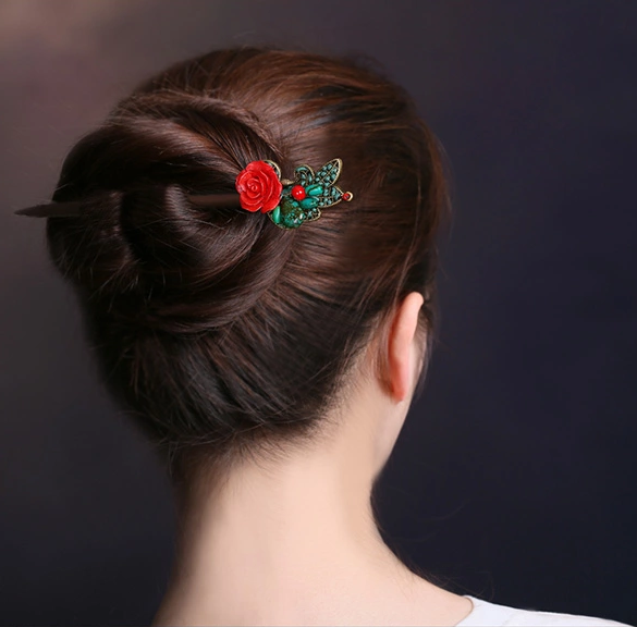 家佳樂(lè)文學(xué)古典盤(pán)發(fā)發(fā)飾玫瑰花新娘頭飾簪子