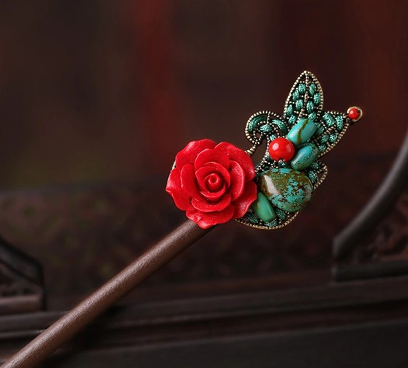 家佳樂(lè)文學(xué)古典盤(pán)發(fā)發(fā)飾玫瑰花新娘頭飾簪子