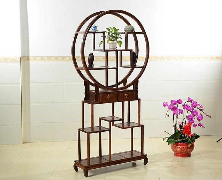 中式古典雞翅木博古架，實(shí)木圓形博古架