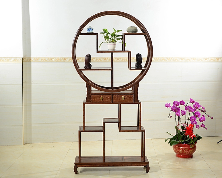 中式古典雞翅木博古架，實(shí)木圓形博古架