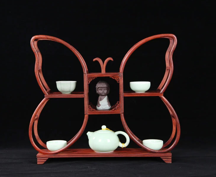 四款紅木紫砂壺架子，血檀博古架造型