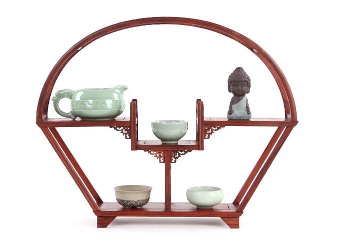 四款紅木紫砂壺架子，血檀博古架造型