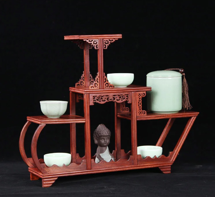 四款紅木紫砂壺架子，血檀博古架造型