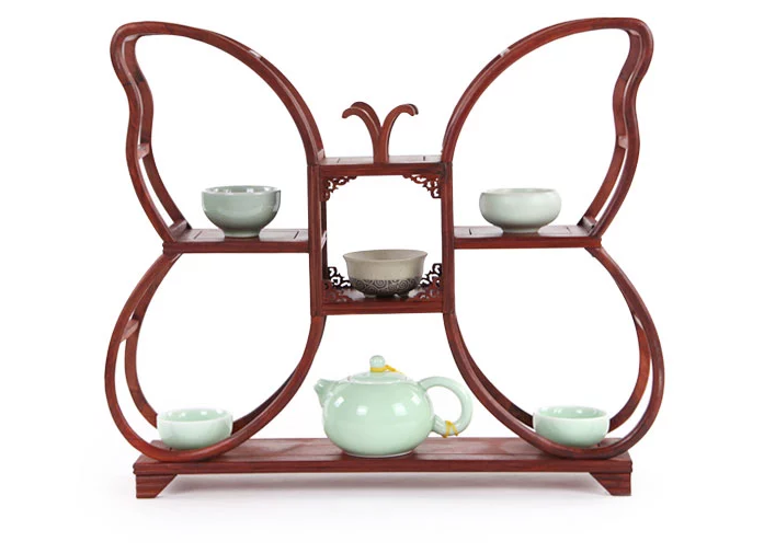 四款紅木紫砂壺架子，血檀博古架造型