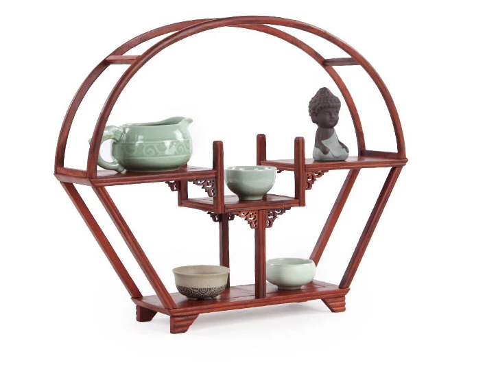 四款紅木紫砂壺架子，血檀博古架造型