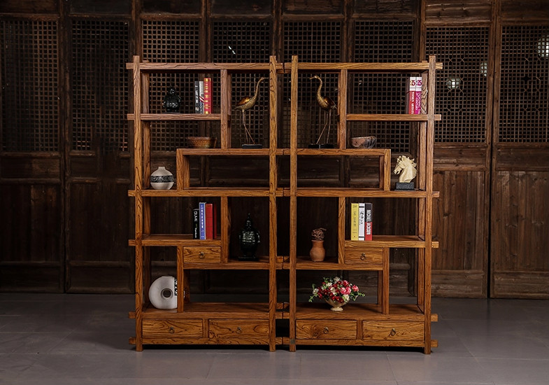 中式博古架隔斷，新中式簡約榆木博古架