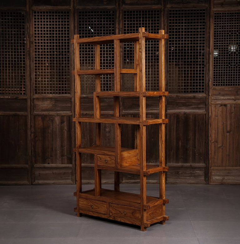 中式博古架隔斷，新中式簡約榆木博古架