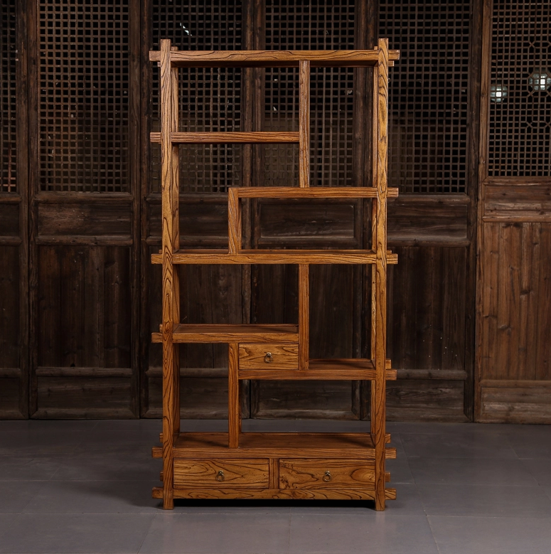 中式博古架隔斷，新中式簡約榆木博古架