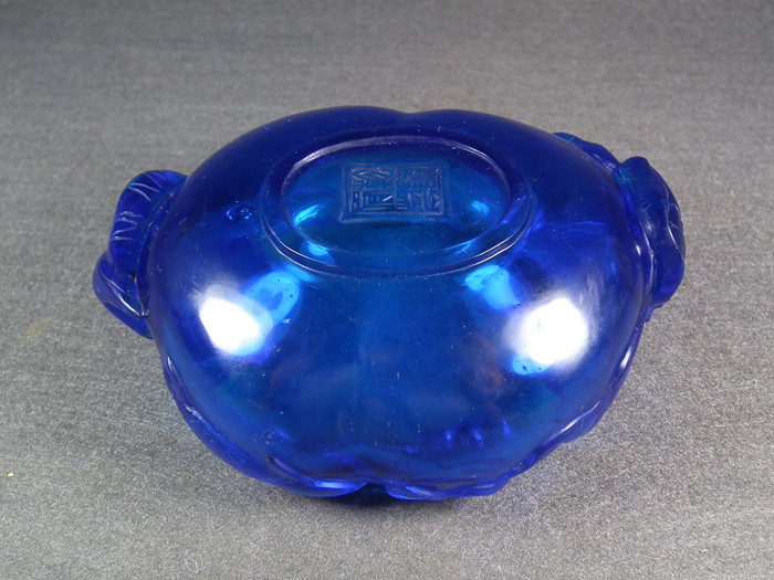 清代精美藍寶石色琉璃荷葉荷花多子鯉魚大水盂