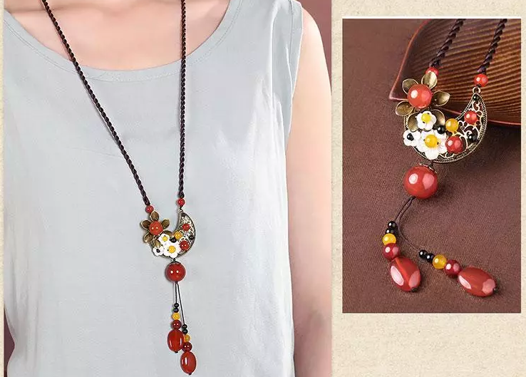 家佳樂文學紅瑪瑙吊墜復古大氣毛衣鏈時尚項鏈首飾