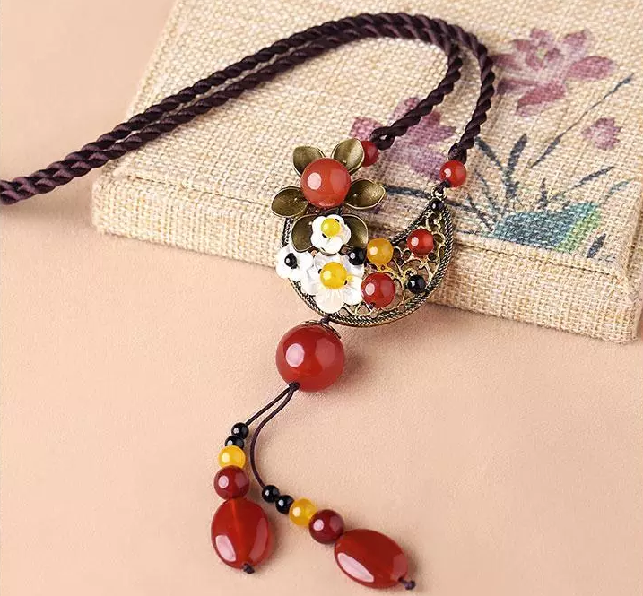 家佳樂文學紅瑪瑙吊墜復古大氣毛衣鏈時尚項鏈首飾