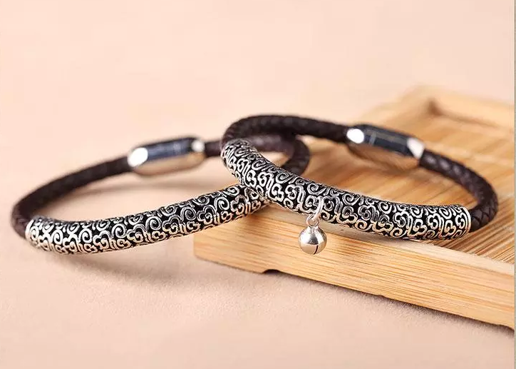 家佳樂文學(xué)古風(fēng)牛皮情侶手環(huán)手鏈簡約銀首飾