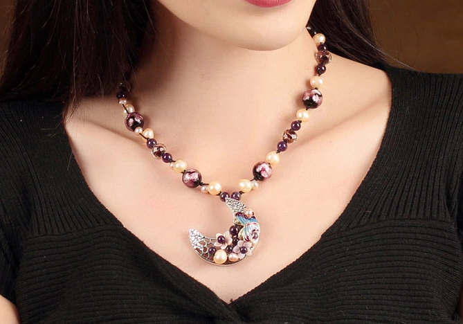 珍珠紫水晶項鏈，月牙吊墜鎖骨鏈家佳樂文學(xué)首飾