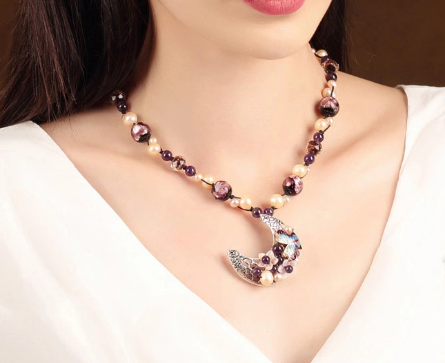 珍珠紫水晶項鏈，月牙吊墜鎖骨鏈家佳樂文學(xué)首飾