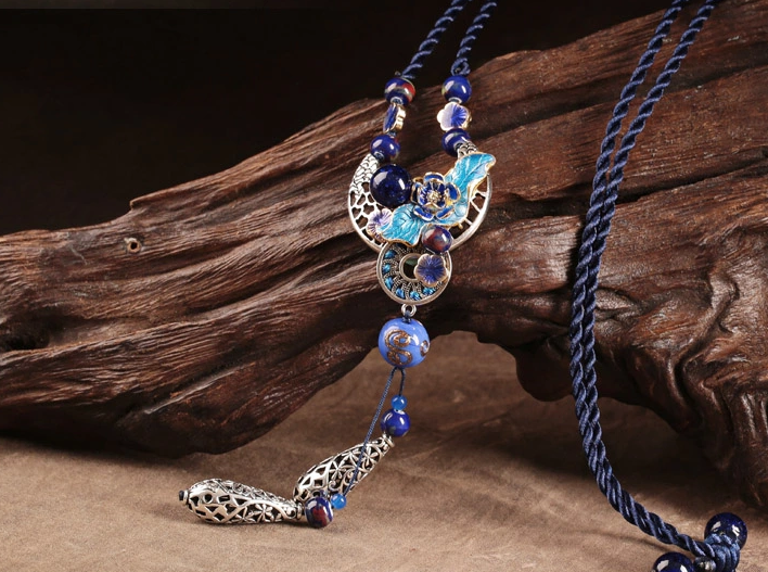 古典家佳樂文學(xué)毛衣鏈，復(fù)古風(fēng)景泰藍(lán)琉璃吊墜項(xiàng)鏈