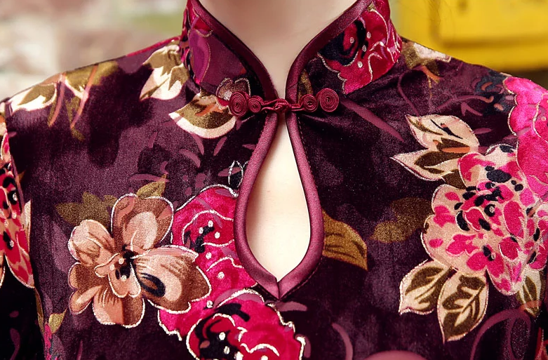 絲絨長(zhǎng)款旗袍，改良中式旗袍