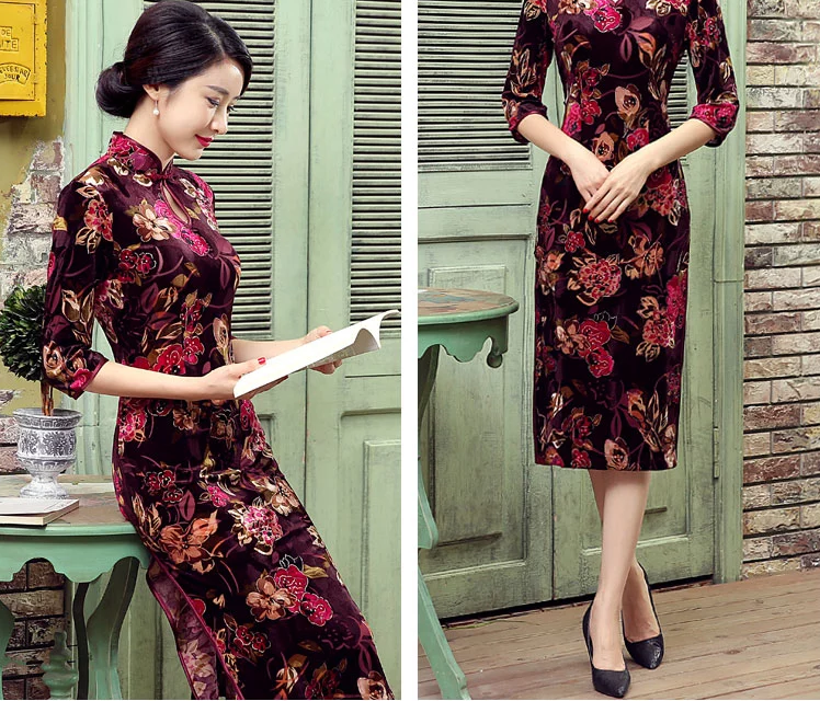 絲絨長(zhǎng)款旗袍，改良中式旗袍