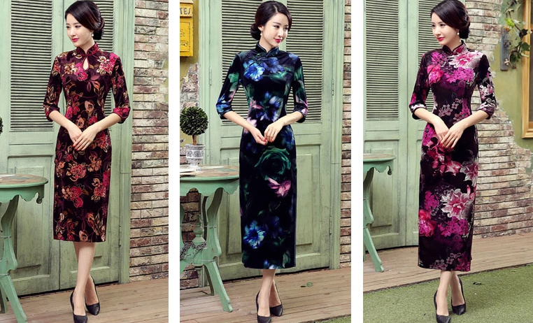 絲絨長(zhǎng)款旗袍，改良中式旗袍