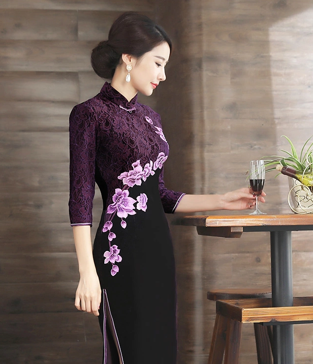 繡花蕾絲金絲絨長款旗袍，中袖優(yōu)雅旗袍