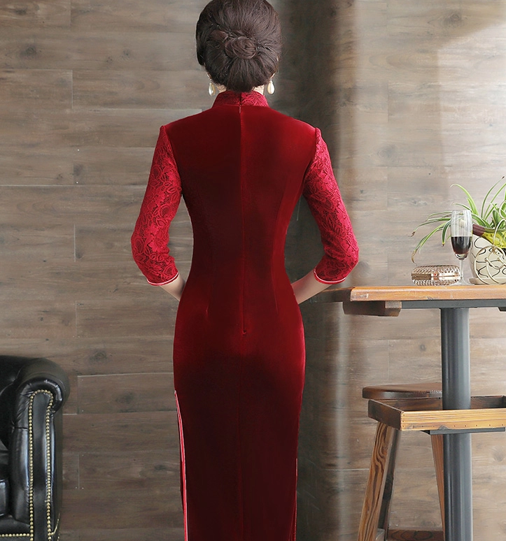 繡花蕾絲金絲絨長款旗袍，中袖優(yōu)雅旗袍