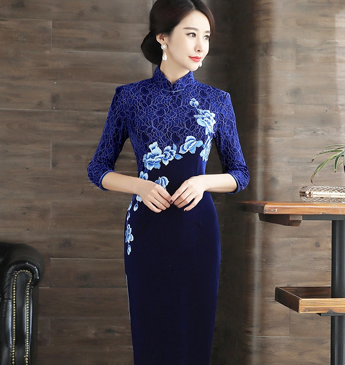 繡花蕾絲金絲絨長款旗袍，中袖優(yōu)雅旗袍