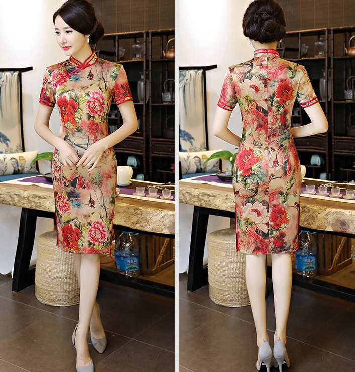復古改良長款旗袍，真絲優(yōu)雅旗袍