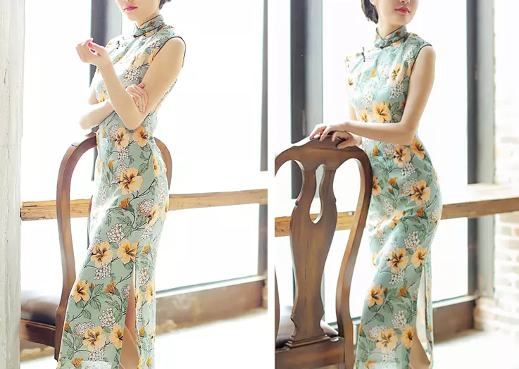 時尚棉麻長款旗袍，復(fù)古印花旗袍