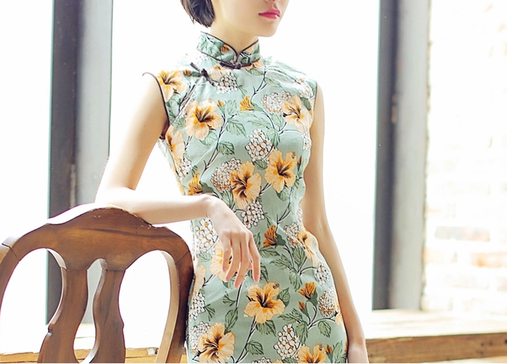時尚棉麻長款旗袍，復(fù)古印花旗袍