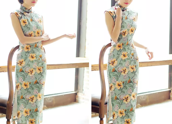時尚棉麻長款旗袍，復(fù)古印花旗袍