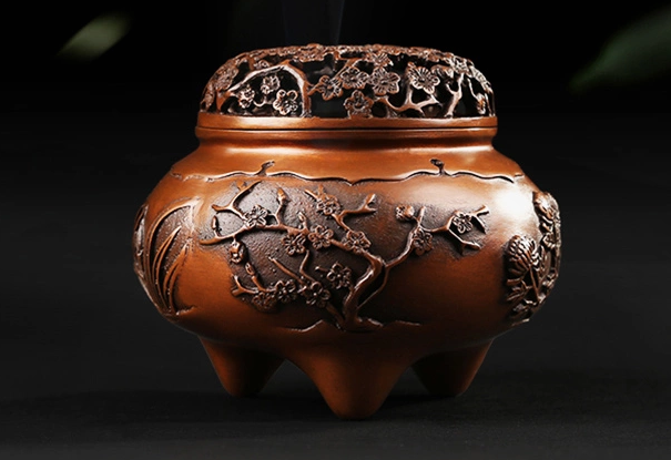 四季花卉香爐，鏤空仿古紫銅熏香爐