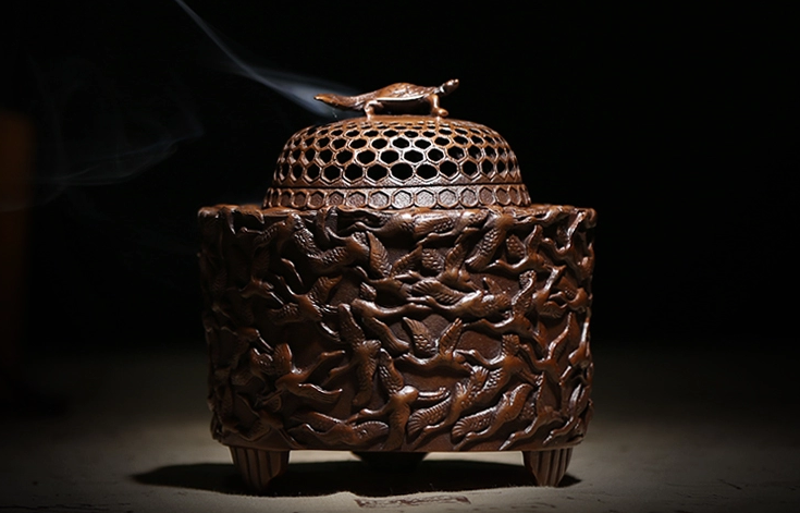 千鶴紫銅香爐，仿古純銅熏香爐
