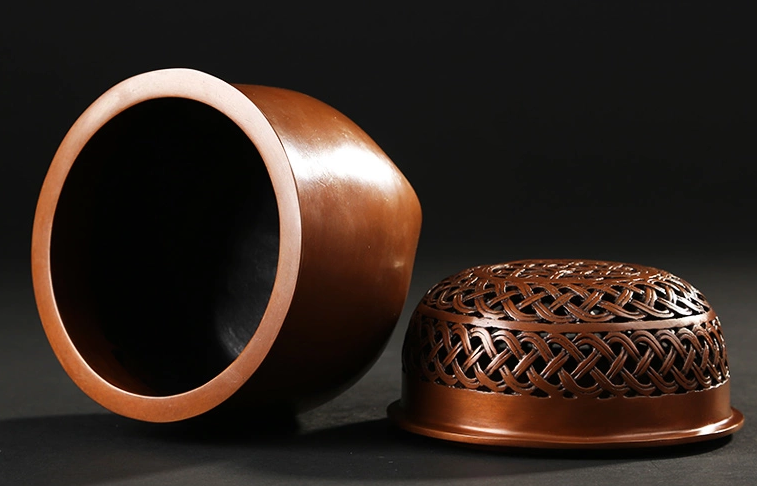 藤編紫銅香爐，仿古印章純銅熏香爐