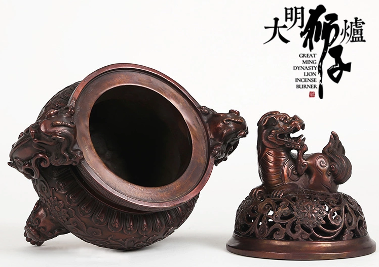 大明獅子紫銅香爐，仿古宣德熏香爐