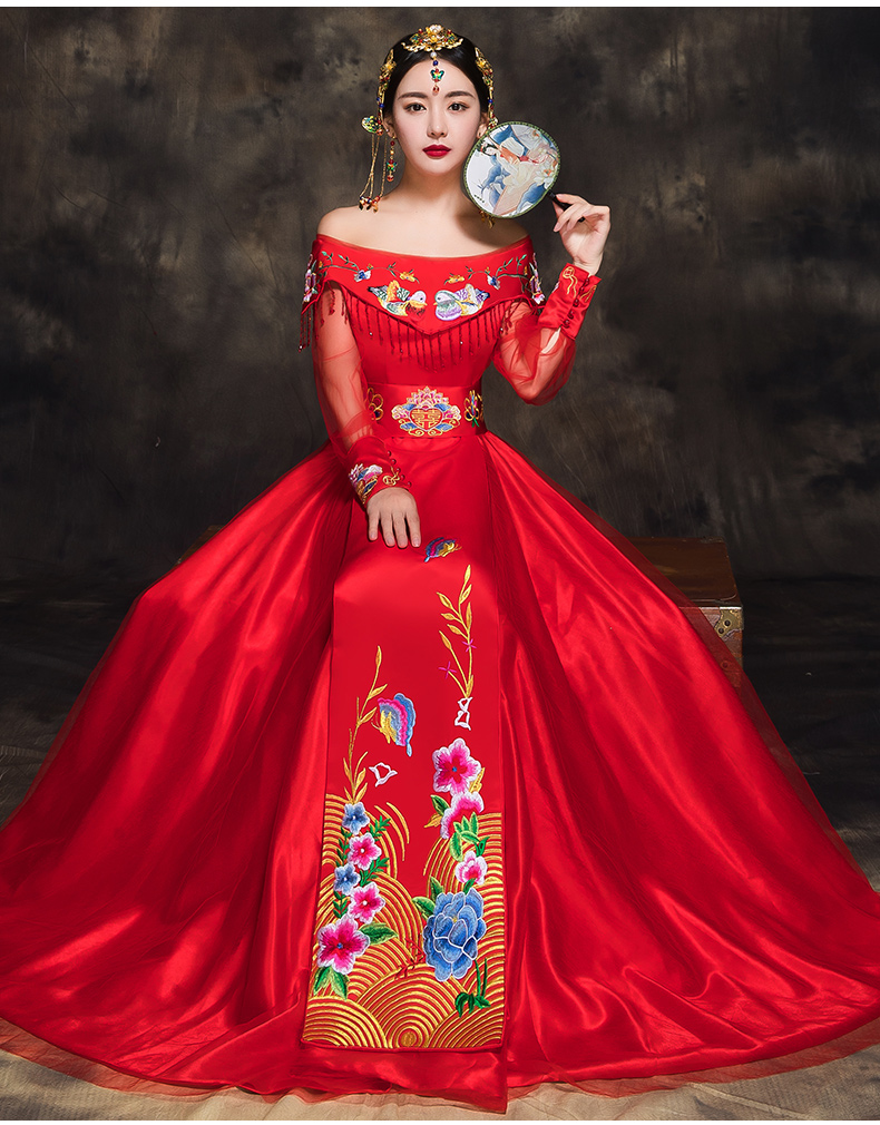 時(shí)尚家佳樂(lè)文學(xué)新娘禮服，一字肩中式結(jié)婚禮服