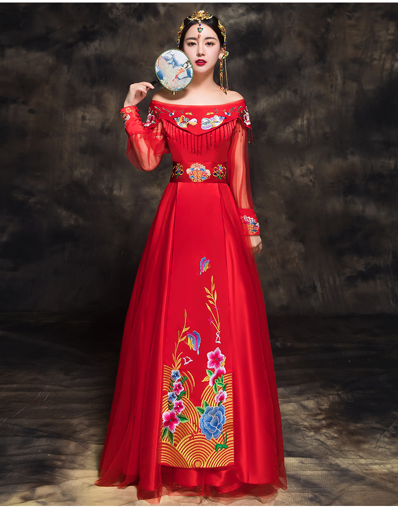 時(shí)尚家佳樂(lè)文學(xué)新娘禮服，一字肩中式結(jié)婚禮服