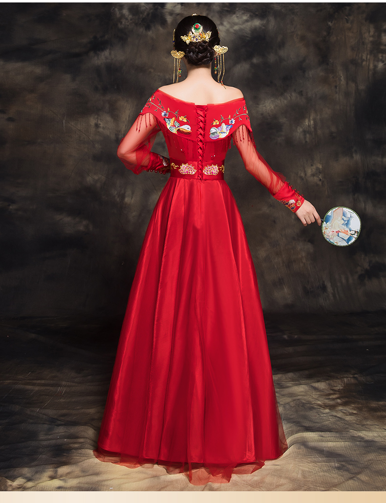 時(shí)尚家佳樂(lè)文學(xué)新娘禮服，一字肩中式結(jié)婚禮服