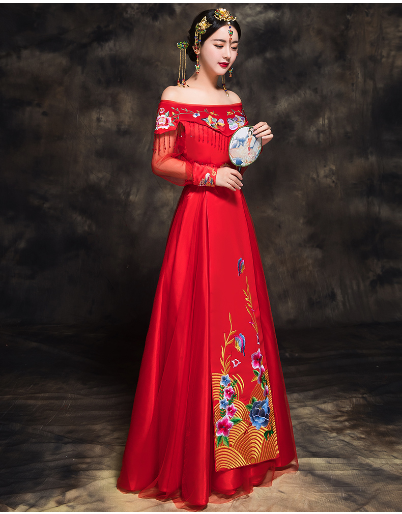 時(shí)尚家佳樂(lè)文學(xué)新娘禮服，一字肩中式結(jié)婚禮服