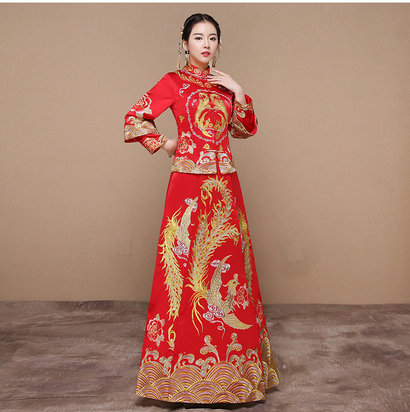 紅色龍鳳褂中式禮服，復(fù)古時(shí)尚家佳樂文學(xué)新娘禮服