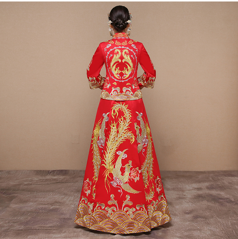 紅色龍鳳褂中式禮服，復(fù)古時(shí)尚家佳樂文學(xué)新娘禮服