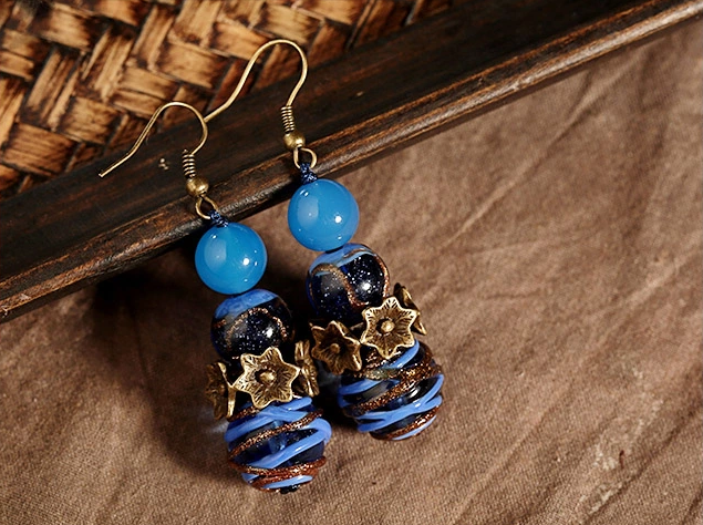 藍色琉璃瑪瑙首飾，時尚氣質(zhì)耳環(huán)