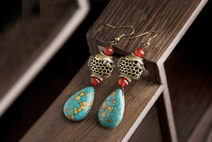 魚水滴形松石耳環(huán)，古典復(fù)古風(fēng)首飾